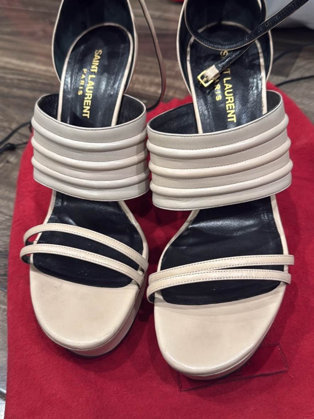 Yves Saint Laurent Cream and Black Strappy High-Heel Sandals